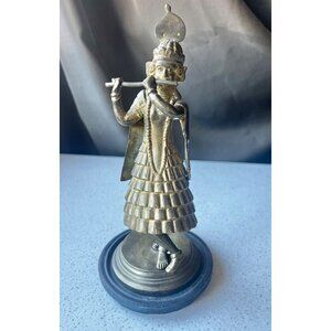 Antique Bronze Krishna Flute Player Figurine On Black Base 8.75" Tall
